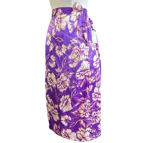 NWT Japna Tropical Floral Print Wrap Front Tie Side Satin Midi Skirt - Picture 3 of 9